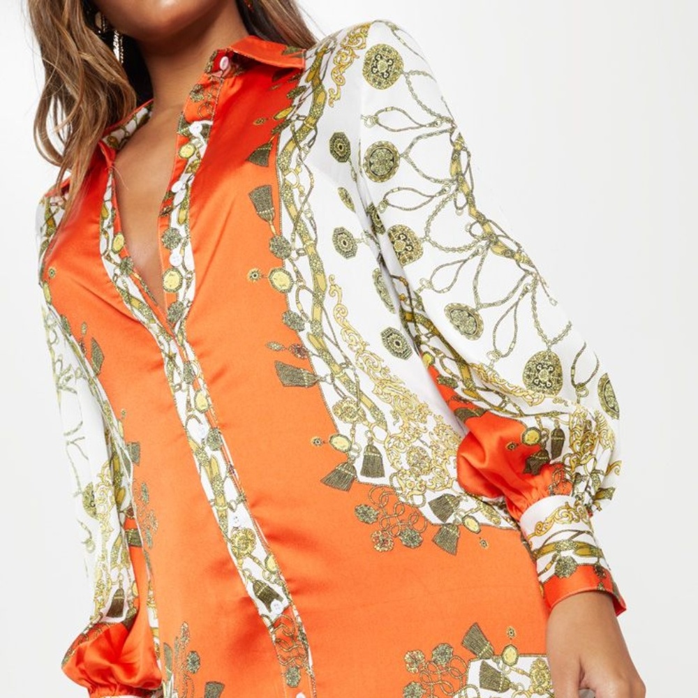ORANGE CHAIN PRINT FRILL HEM SHIRT DRESS